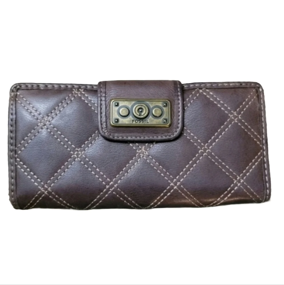 Fossil crosshatched embroidered slim brown leather snap wallet